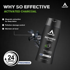 Man-Up Refresh Clean Active Charcoal Shower Gel For Deep Pore Cleaning 3 IN 1 Body, Face & Hair, Removes Dirt, Acne Control, Dark Spot & Oil Control, Anti-Pollution Shower Gel for Men- 200ml