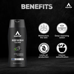 Man-Up Refresh Clean Active Charcoal Shower Gel For Deep Pore Cleaning 3 IN 1 Body, Face & Hair, Removes Dirt, Acne Control, Dark Spot & Oil Control, Anti-Pollution Shower Gel for Men- 200ml