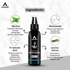 Man-Up Ocean Face Wash Essence of Aqua | For Acne, Black Heads, Pimple, Oily & Sensitive Skin | All Day Refreshing & Long-Lasting Freshness with Menthol for Men – 100ml (Pack of 3)