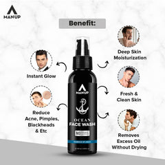 Man-Up Ocean Face Wash Essence of Aqua | For Acne, Black Heads, Pimple, Oily & Sensitive Skin | All Day Refreshing & Long-Lasting Freshness with Menthol for Men – 100ml (Pack of 3)